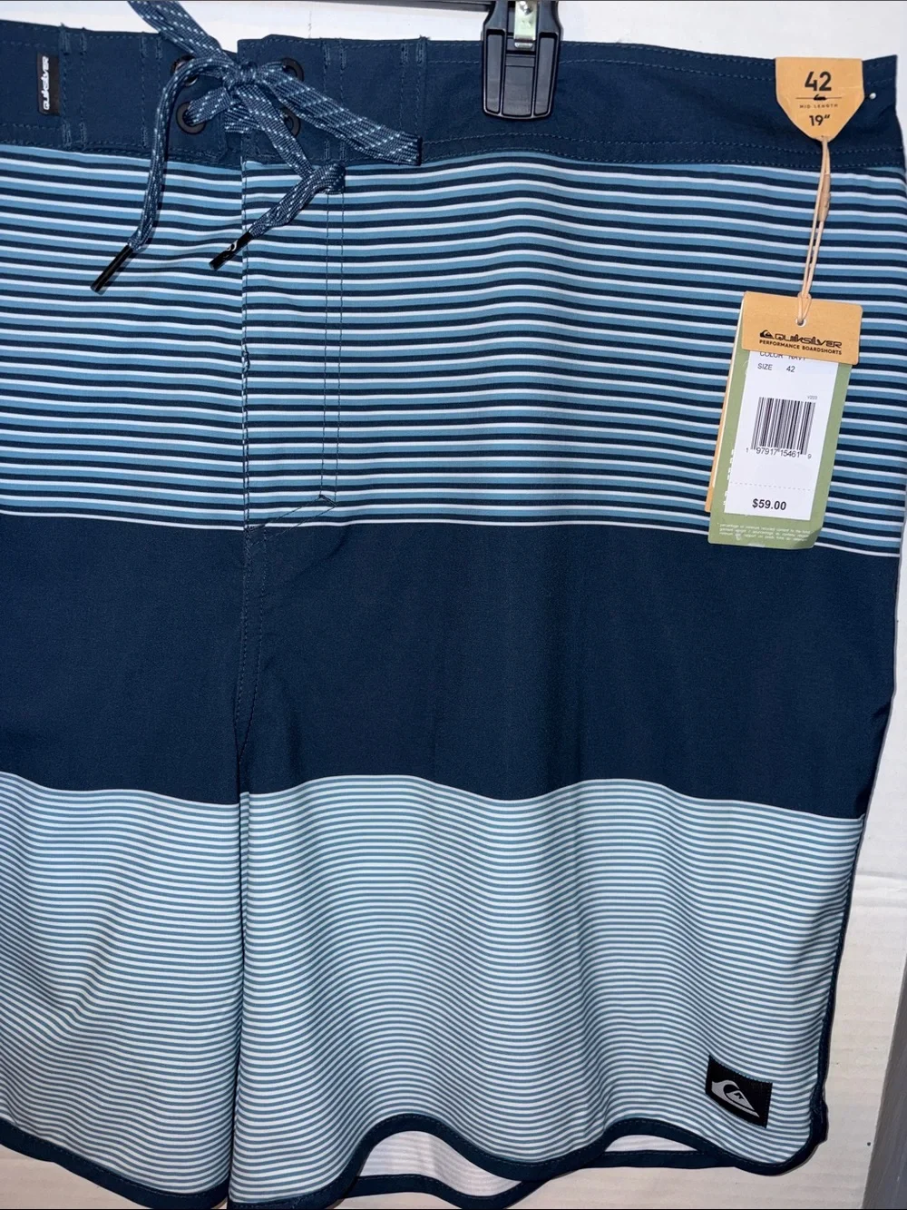 Quiksilver Men’s Navy and Light Blue Striped Boardshorts